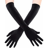 Black elbow-length gloves worn by a person on a white background